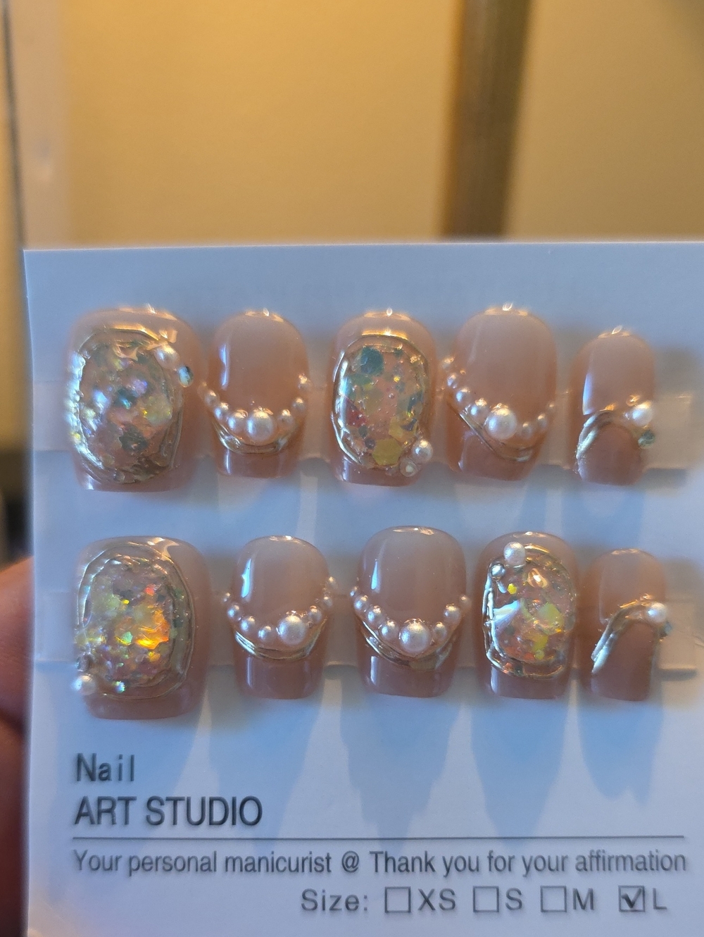 Neutral Pink Pearl & Opal Press-On Nail Set Size Large